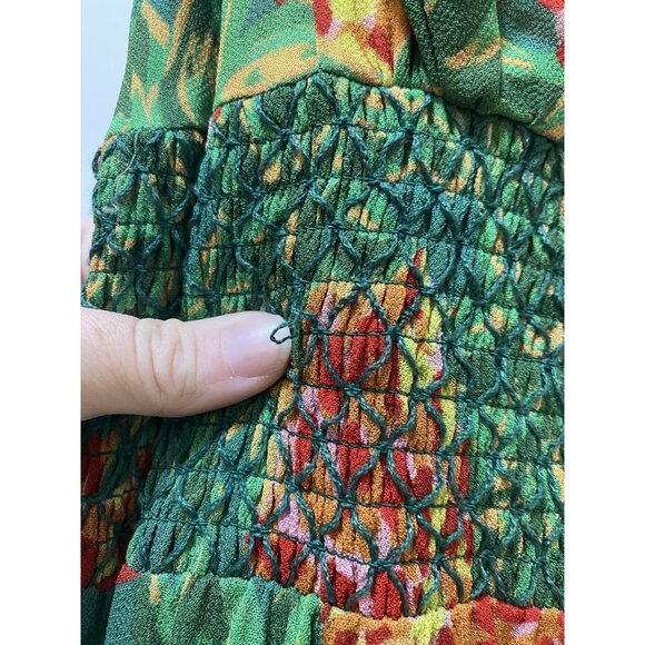 Farm Rio Pineapple Galore Dress Womens Medium Green Maxi Smocked Boho Ruffle Tie - Picture 4 of 5